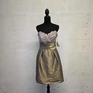 NWT Jim Hjelm Couture Strapless Metallic Lace Cocktail Dress Size 12 Taupe Gold
